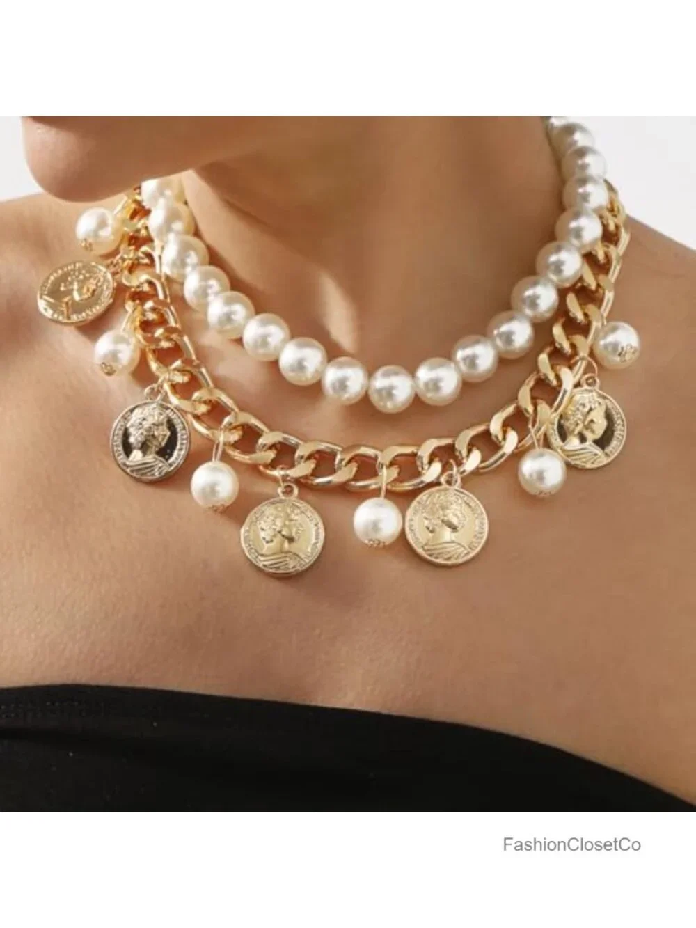 Chunky Gold Pearl Beaded Layered Necklace Set for Women Party Prom Jewelry